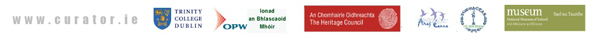 Logos for the agencies that have supported the "Irish Headhunter, The Photograph Albums of Charles R, Browne' a project developed by www.curator.ie. The logos feature the Research Collections and Manuscripts library in Trinity College Dublin, The Blasket Centre, Ionad an Bhlascaoid Mhóir, The National Museum of Ireland - Country Life, The Office of Public Works (OPW), The Heritage Council, Áras Éanna Inis Oírr (Inisheer, Aran Islands) and Oireachtas na Gaeilge.